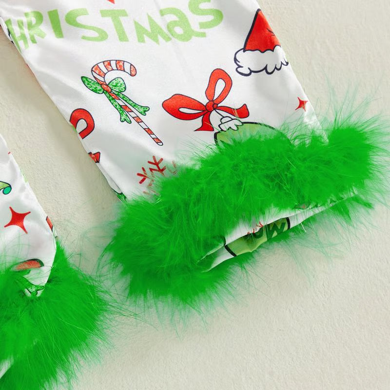 Unisex Baby Christmas Pajamas Christmas Element Print Fur Trim Button Down Lapel V Neck Long Sleeve Romper - Green / 0-3M