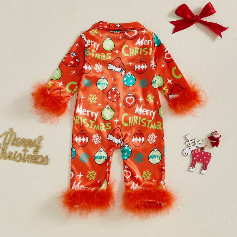 Unisex Baby Christmas Pajamas Christmas Element Print Fur Trim Button Down Lapel V Neck Long Sleeve Romper - Green / 0-3M