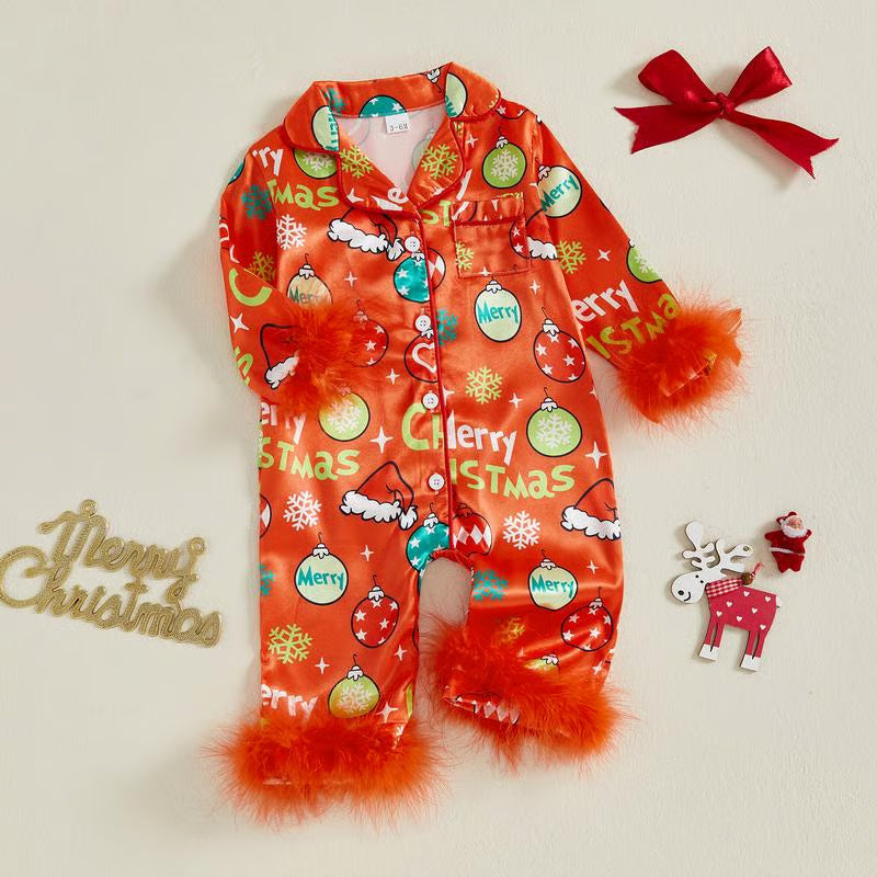 Unisex Baby Christmas Pajamas Christmas Element Print Fur Trim Button Down Lapel V Neck Long Sleeve Romper - Green / 0-3M