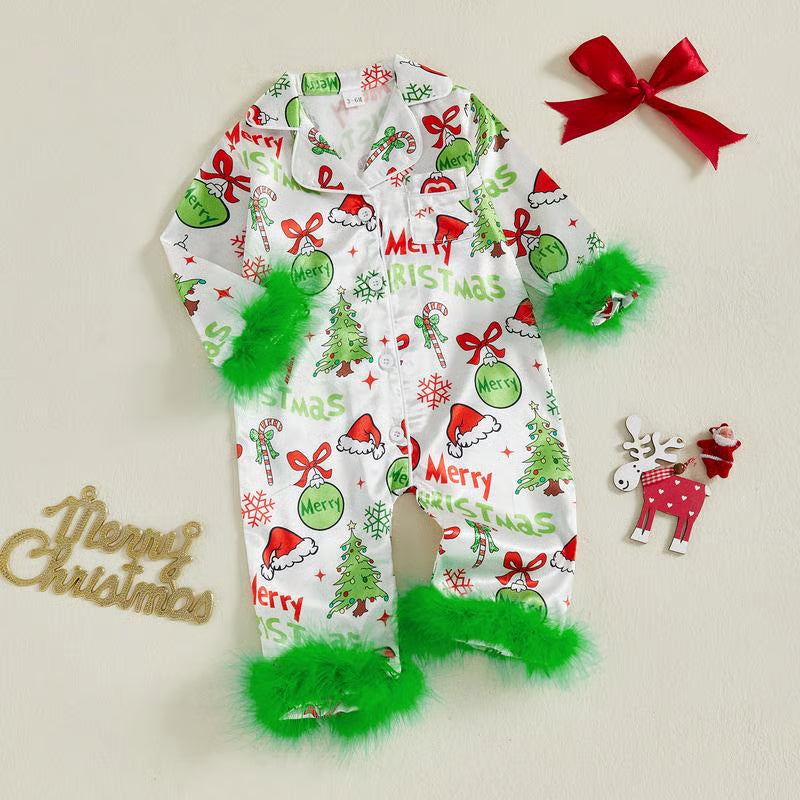 Unisex Baby Christmas Pajamas Christmas Element Print Fur Trim Button Down Lapel V Neck Long Sleeve Romper - Green / 0-3M
