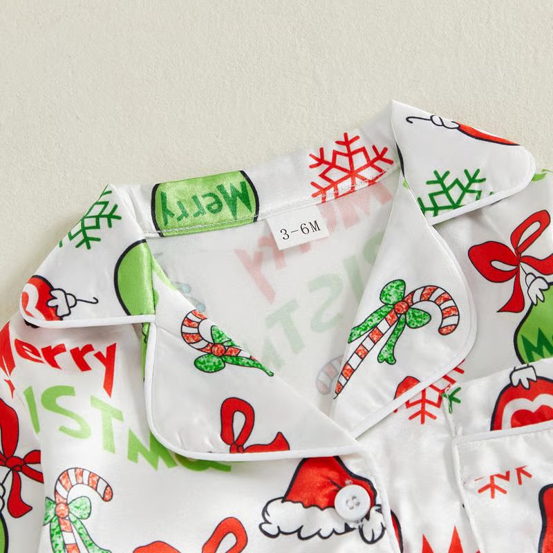 Unisex Baby Christmas Pajamas Christmas Element Print Fur Trim Button Down Lapel V Neck Long Sleeve Romper - Green / 0-3M