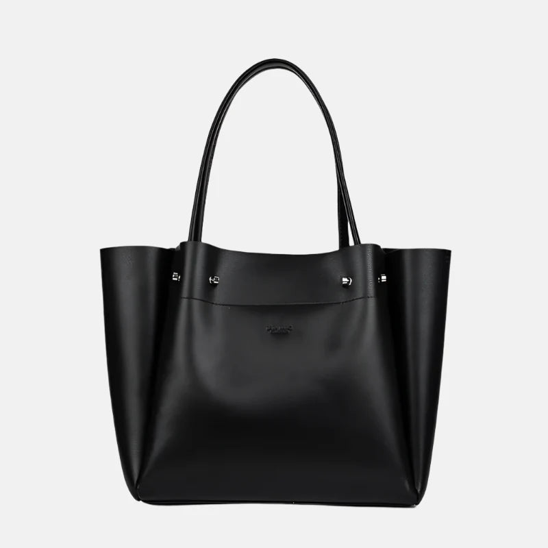 Bolsa tote preta com design minimalista, alças duplas finas e acabamento em material liso, perfeita para uso diário ou ambientes profissionais.