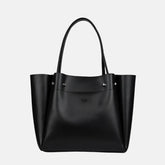 Bolsa tote preta com design minimalista, alças duplas finas e acabamento em material liso, perfeita para uso diário ou ambientes profissionais.